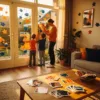 Nederlandse woonkamer met kleurrijke afstudeerstickers op muren, familie plaatst gepersonaliseerde raamclings bij glazen deuren in warm middaglicht