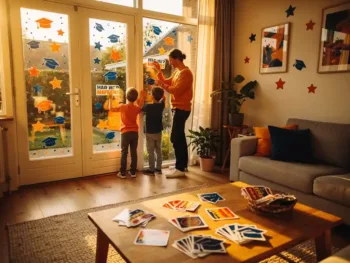Nederlandse woonkamer met kleurrijke afstudeerstickers op muren, familie plaatst gepersonaliseerde raamclings bij glazen deuren in warm middaglicht
