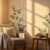 Gezellige leeshoek met elegante botanische muurstickers in smaragdgroen op crèmekleurige muur, warm zonlicht door raam
