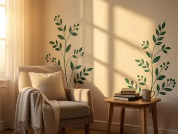 Gezellige leeshoek met elegante botanische muurstickers in smaragdgroen op crèmekleurige muur, warm zonlicht door raam