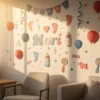Kleurrijke aangepaste stickers en geboorteaankondiging decals op witte muur met warm zonlicht en zachte schaduwen