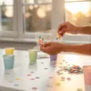 Vrouw verwijdert kleurrijke muurstickers van witte feesttafel zonder resten achter te laten, confetti en lege bekers nabij