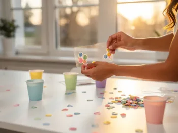 Vrouw verwijdert kleurrijke muurstickers van witte feesttafel zonder resten achter te laten, confetti en lege bekers nabij
