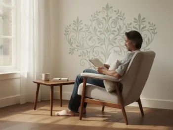 Gezellige Nederlandse woonkamer met elegante muurstickers in zachte saliegroen en crème tinten, leeshoek met fauteuil
