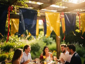 Kleurrijke weerbestendige feestbanners hangen aan houten pergola met regendruppels en zonlicht in tuin