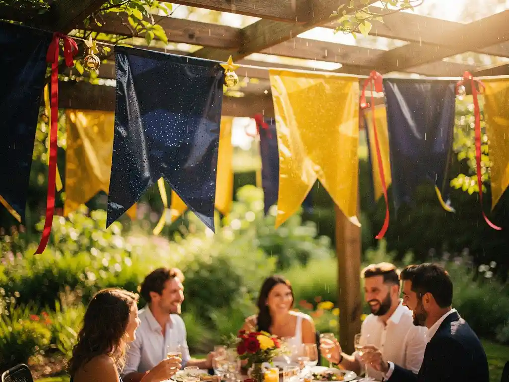 Kleurrijke weerbestendige feestbanners hangen aan houten pergola met regendruppels en zonlicht in tuin