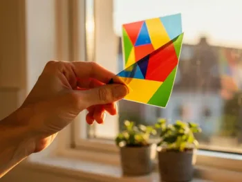 Vrouw verwijdert kleurrijke geometrische raamsticker van keukenraam met kruiden op vensterbank in Nederlandse woning