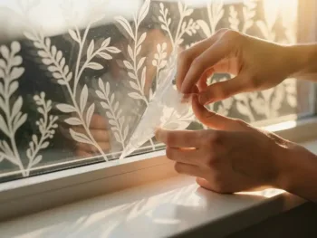 Handen die elegante botanische raamstickers op helder glas plaatsen bij natuurlijk daglicht op witte vensterbank