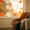 Groot woonkamerraam met herfstbladeren en sneeuwvlokken stickers, natuurlijk daglicht, leeshoek met warme dekens