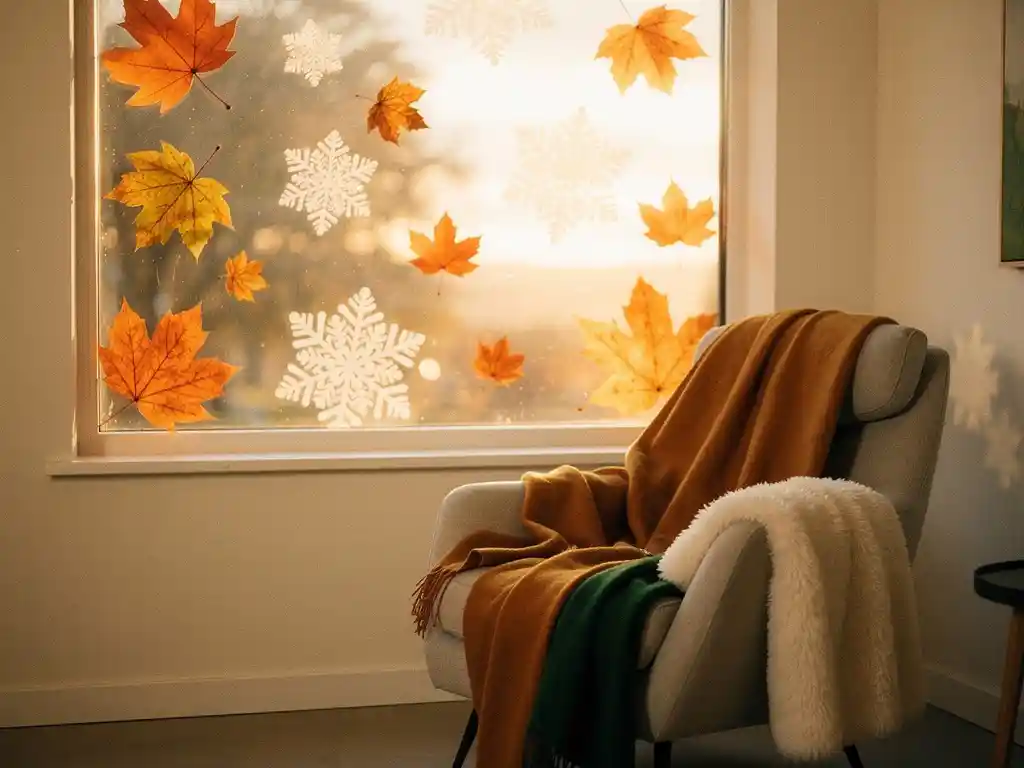 Groot woonkamerraam met herfstbladeren en sneeuwvlokken stickers, natuurlijk daglicht, leeshoek met warme dekens