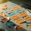 Rommelig bureau met afbladderende feestelijke stickers, luchtbellen en gekrulde randen, ambachtelijk mes en wisser ernaast in warm middaglicht