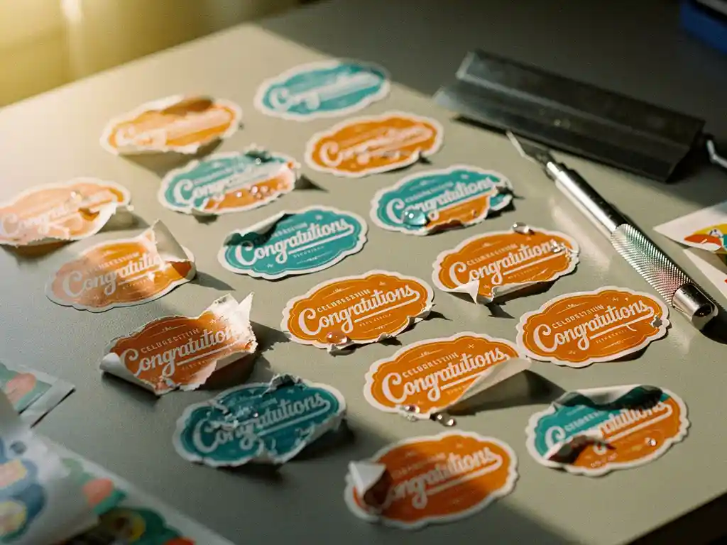 Rommelig bureau met afbladderende feestelijke stickers, luchtbellen en gekrulde randen, ambachtelijk mes en wisser ernaast in warm middaglicht