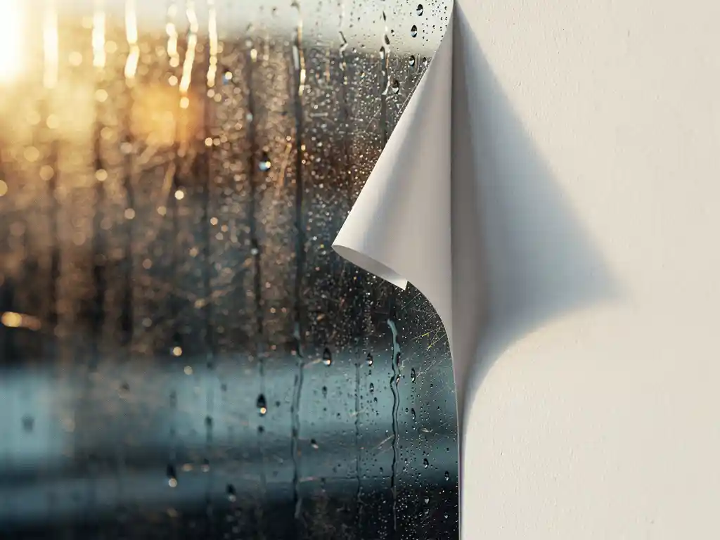 Verweerde buitensticker pelt af op regenachtig glas naast perfect gehechte binnensticker op witte muur, zonlicht creëert contrast