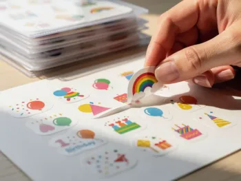 Kleurrijke feestelijke stickers netjes gerangschikt op wit perkamentpapier met vingers die een regenboog verjaardagssticker optillen