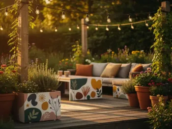 Tuinterras met slingerverlichting en kleurrijke vinylstickers op plantenbakken tijdens gouden uur