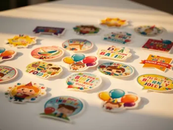 Kleurrijke feestelijke stickers en decoratieve decals gerangschikt op witte ondergrond in gouden zonlicht