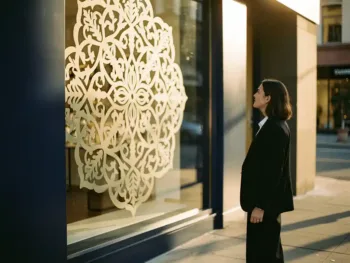 Elegante vinyl raamsticker met geometrische patronen in etalageruit, persoon bekijkt display vanaf straat tijdens gouden uur