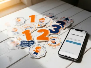 Kleurrijke vinyl stickers verspreid over witte houten tafel met smartphone die bestelling toont, warme middagzon creëert zachte schaduwen