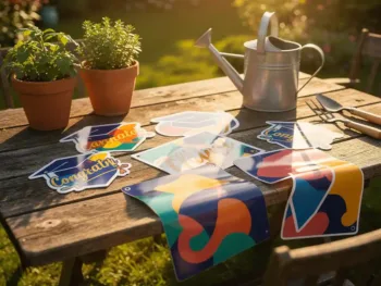 Weerbestendige afstudeerstickers en banners op houten tuintafel met planten in gouden zonlicht