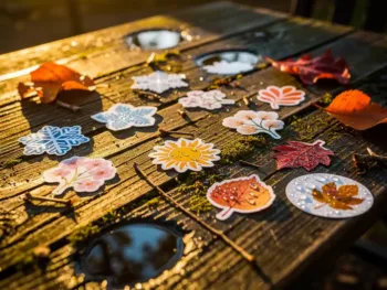 Kleurrijke weerbestendige stickers met seizoensontwerpen op verweerde houten tuintafel met regendruppels en herfstbladeren