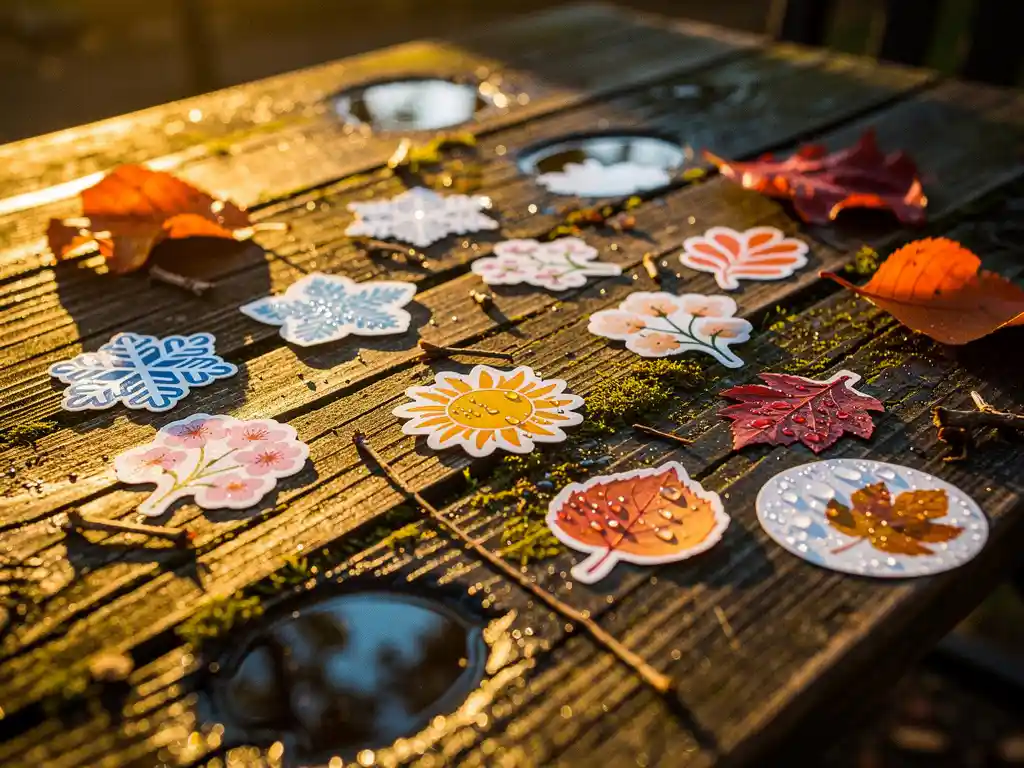 Kleurrijke weerbestendige stickers met seizoensontwerpen op verweerde houten tuintafel met regendruppels en herfstbladeren