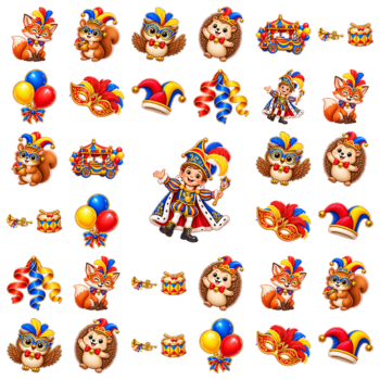 Herbruikbare raamstickers carnaval met prins carnaval, bosdieren met narrenkap, ballonnen, maskers en trommeltjes
