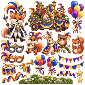 Herbruikbare raamstickers carnaval - alle stickers van de set op één vel, los op witte achtergrond