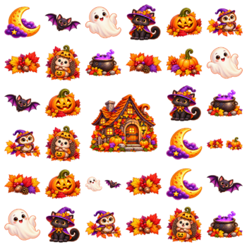 Herbruikbare raamstickers Halloween met heksenhuisje, vrolijke spookjes, zwarte katten, pompoenen en vleermuizen