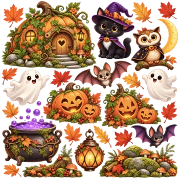 Herbruikbare raamstickers Halloween - alle stickers van de set op één vel, los op witte achtergrond