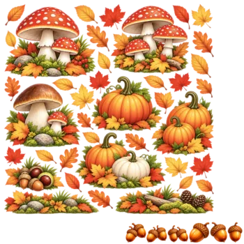 Herbruikbare raamstickers herfst - alle stickers van de set op één vel, los op witte achtergrond