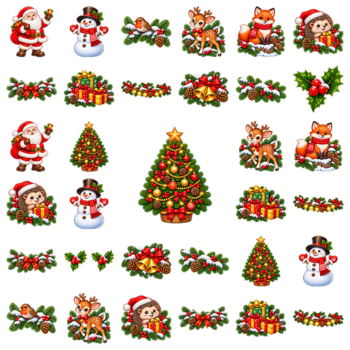 Herbruikbare raamstickers kerst met versierde kerstboom, Kerstman, sneeuwpoppen, guirlandes en bosdieren met kerstmuts