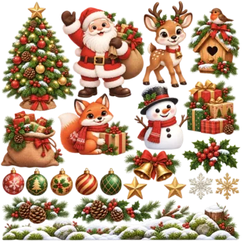 Herbruikbare raamstickers kerst - alle stickers van de set op één vel, los op witte achtergrond