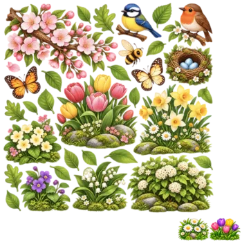 Herbruikbare raamstickers lente - alle stickers van de set op één vel, los op witte achtergrond