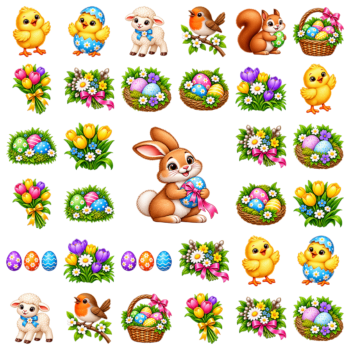 Herbruikbare raamstickers Pasen met paashaas, kuikentjes, lammetjes, paasmandjes en tulpenboeketjes