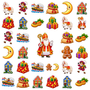 Herbruikbare raamstickers Sinterklaas met Sinterklaas, schimmel, stoomboot, Pieten, cadeaus en grachtenhuisjes