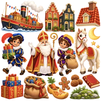 Herbruikbare raamstickers Sinterklaas - alle stickers van de set op één vel, los op witte achtergrond