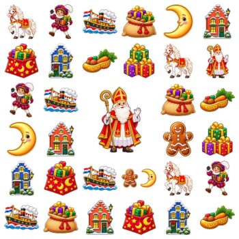Herbruikbare raamstickers Sinterklaas op een wit vel, Seizoensraam uitbreidingsset