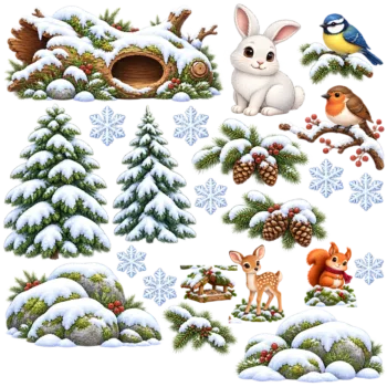 Herbruikbare raamstickers winter - alle stickers van de set op één vel, los op witte achtergrond