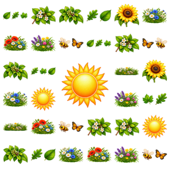 Herbruikbare raamstickers zomer met grote zon, zonnebloemen, klaprozen, veldbloemen, bijtjes en vlinders