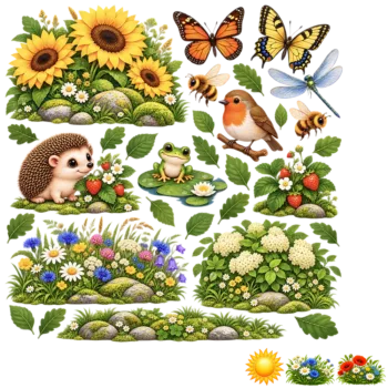 Herbruikbare raamstickers zomer - alle stickers van de set op één vel, los op witte achtergrond