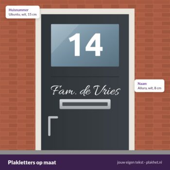 Plakletters op maat met huisnummer en naam op voordeur - Plakhet.nl