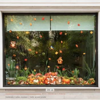 Herbruikbare raamstickers bosdieren - gecombineerd met de uitbreidingsset herfst op een raam van 150 cm breed