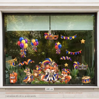 Herbruikbare raamstickers carnaval - 1 vel van 60 x 60 cm op een raam van 100 cm breed, op ware grootte