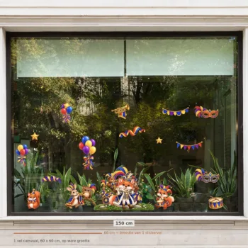 Herbruikbare raamstickers carnaval - 1 vel van 60 x 60 cm op een raam van 150 cm breed, op ware grootte