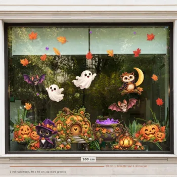 Herbruikbare raamstickers Halloween - 1 vel van 60 x 60 cm op een raam van 100 cm breed, op ware grootte