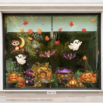 Herbruikbare raamstickers Halloween - andere opstelling op een raam van 100 cm breed