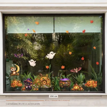 Herbruikbare raamstickers Halloween - 1 vel van 60 x 60 cm op een raam van 150 cm breed, op ware grootte