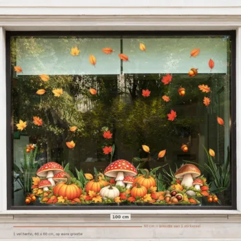 Herbruikbare raamstickers herfst - 1 vel van 60 x 60 cm op een raam van 100 cm breed, op ware grootte
