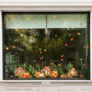 Herbruikbare raamstickers herfst - 1 vel van 60 x 60 cm op een raam van 150 cm breed, op ware grootte