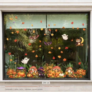 Herbruikbare raamstickers herfst - herfst en Halloween samen op een raam van 150 cm breed